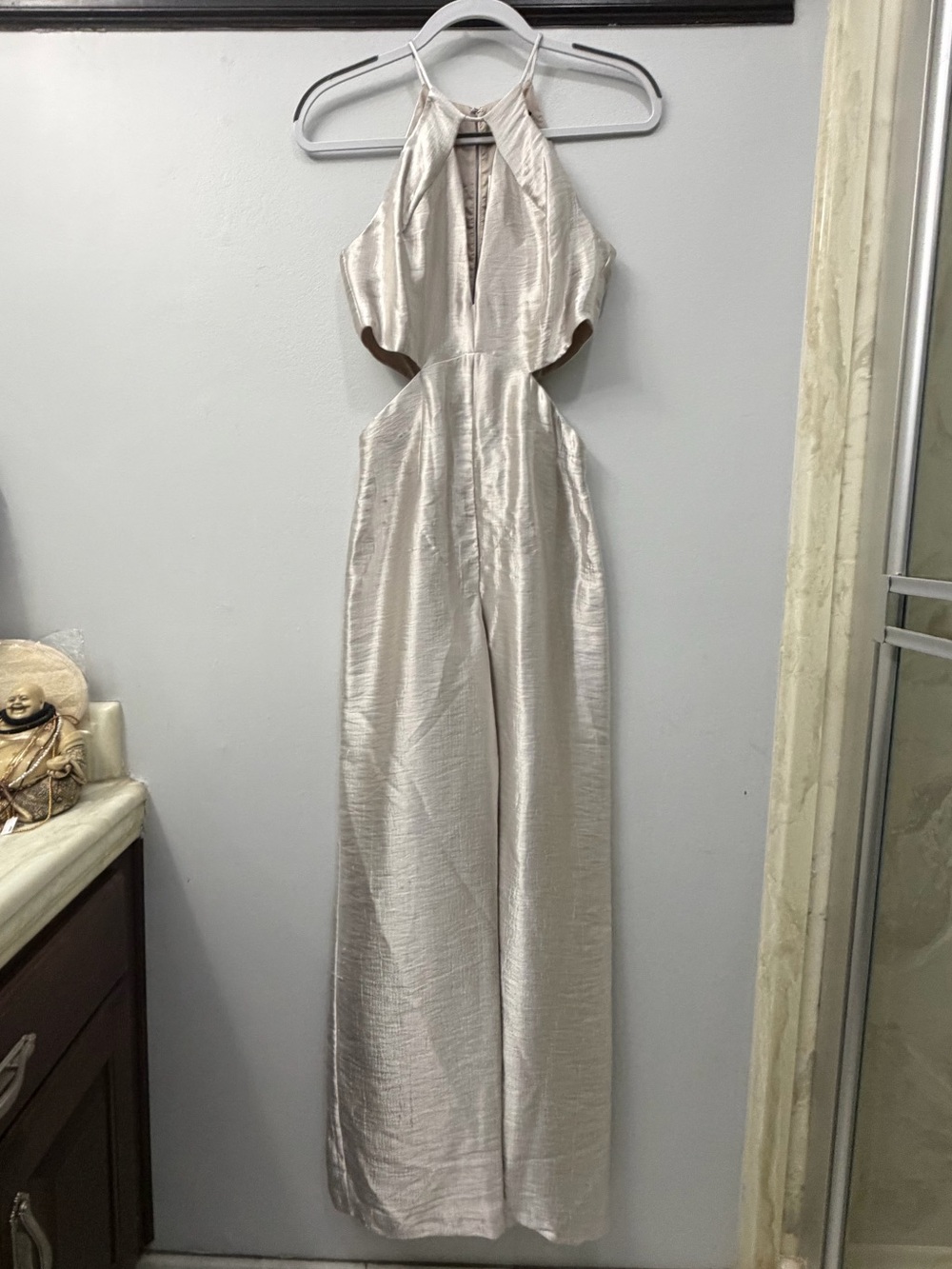 NWT WOMENS TOP SHOP CUT-OUT SATIN SHINY JUMPSUIT, SIZE US 4, SILVER